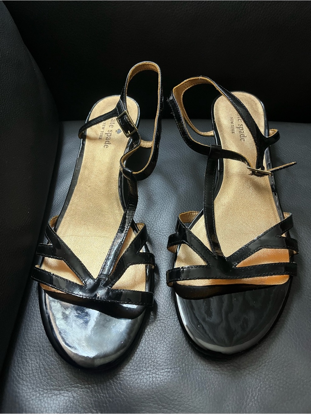 kate spade Black Patent Leather Strappy Ankle-Sling Sandals